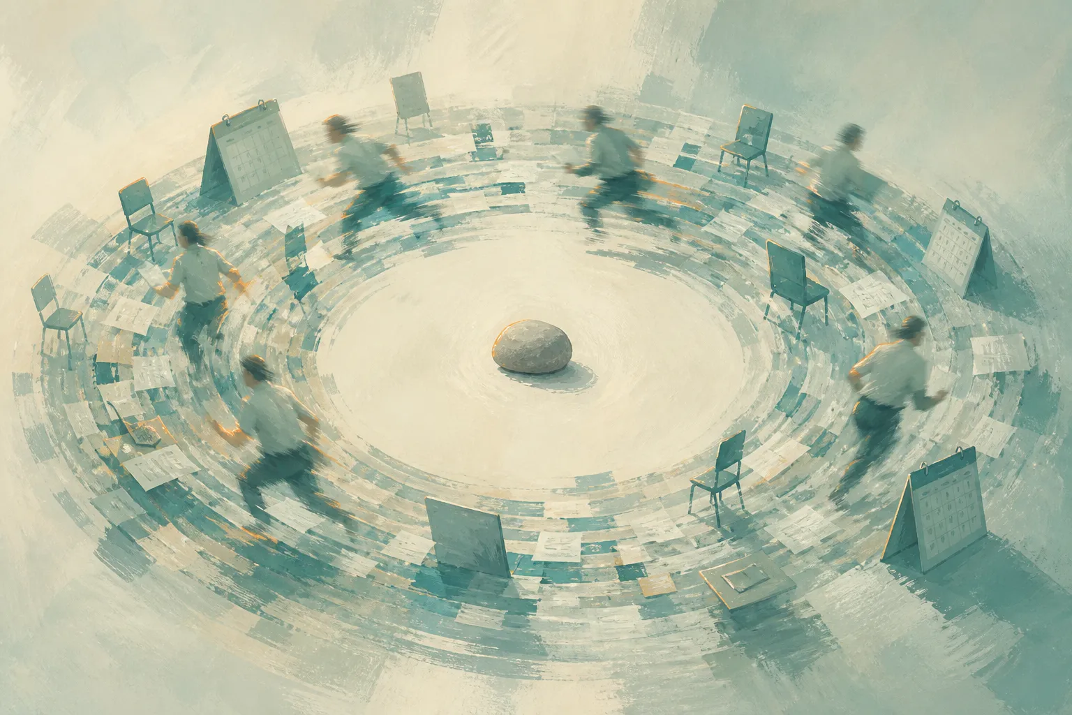 Blurred workers circle calendars and empty chairs while a stone remains still at the centre.