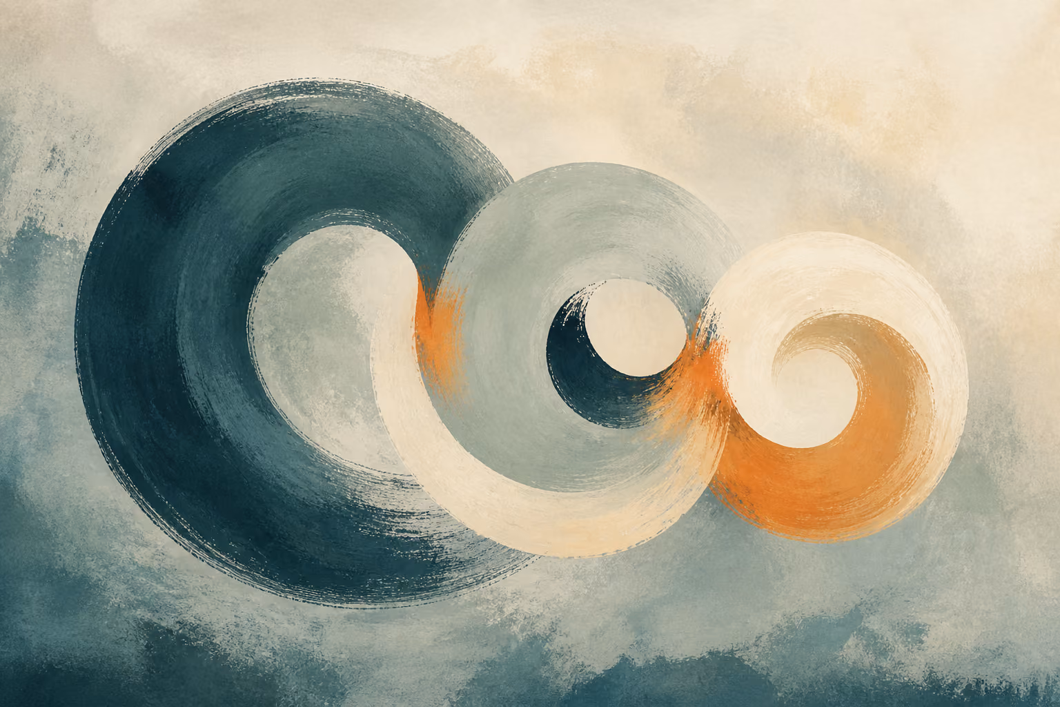 Three painted circular forms in teal, cream and muted orange consume and reshape one another as their scopes overlap.