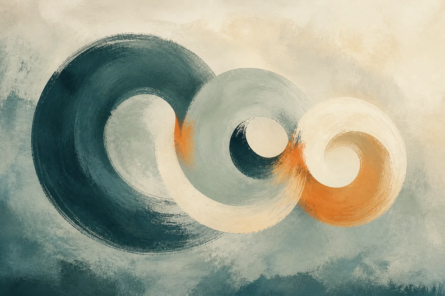 Three painted circular forms in teal, cream and muted orange consume and reshape one another as their scopes overlap.