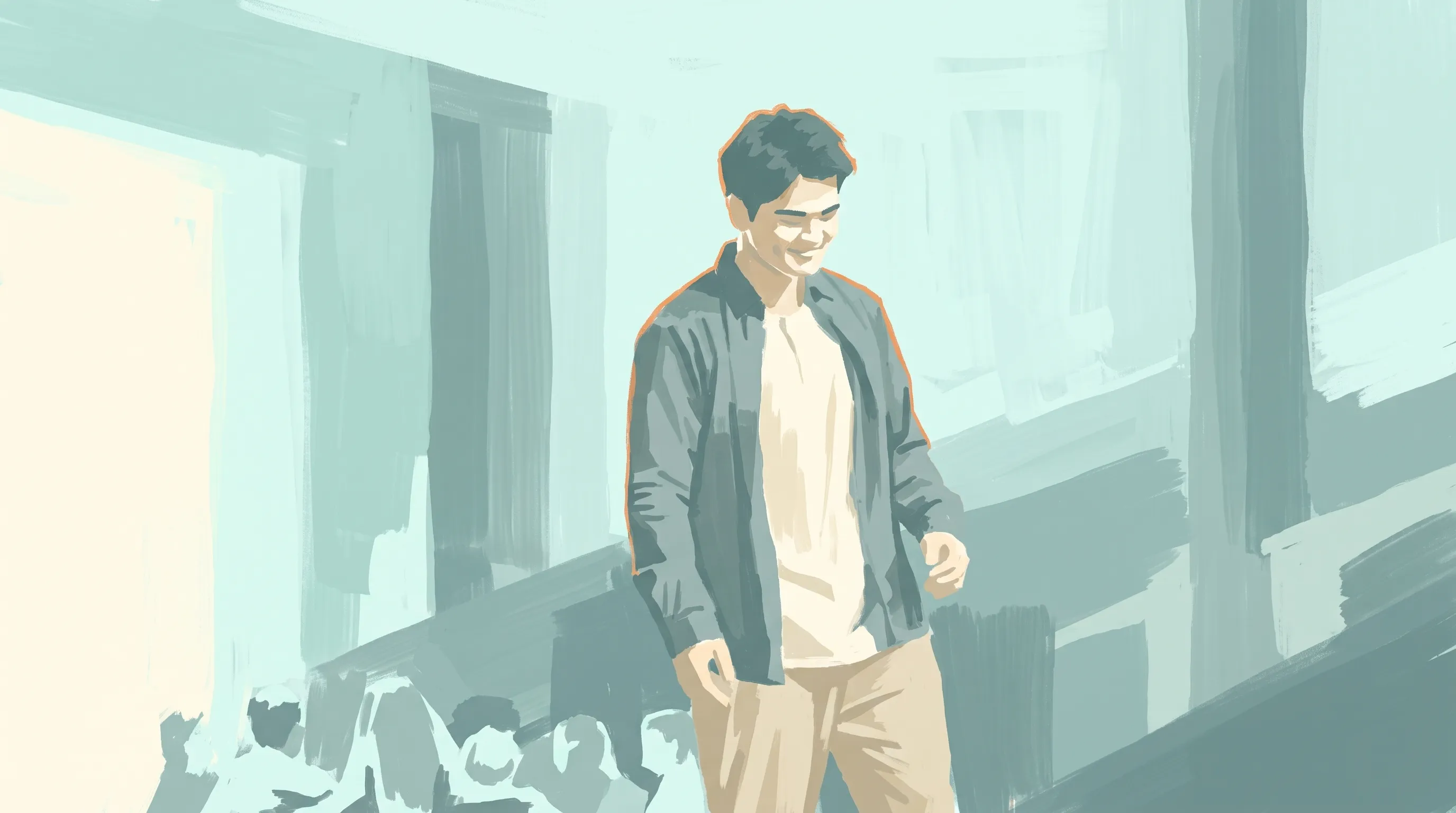 A painterly portrait of Jericho Mendoza looking down while walking past a seated group