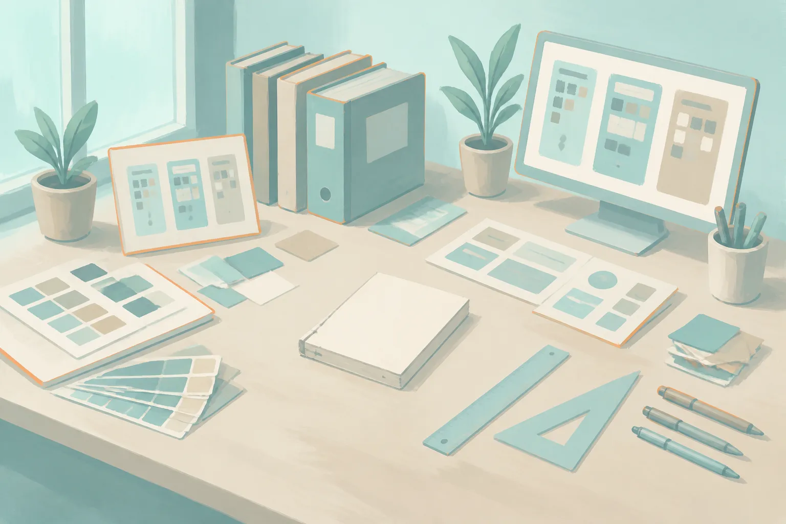 A desk crowded with brand boards, colour swatches, interface mock-ups and an unopened notebook.