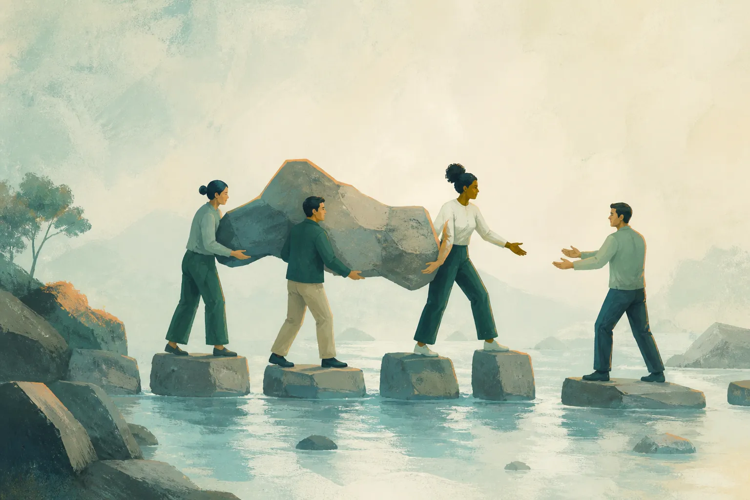 Four people carry a heavy boulder together across stepping stones toward a waiting colleague.