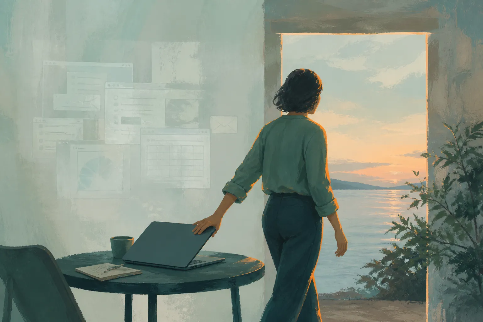 A person closes a laptop and walks from faded work screens towards a sunlit coast.
