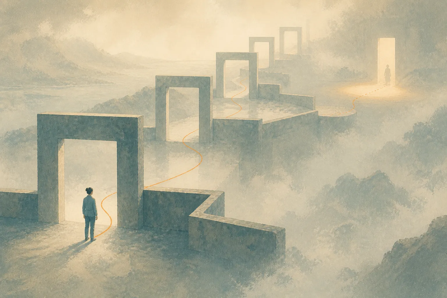 A small figure follows an orange path through a series of thresholds towards a distant handover.