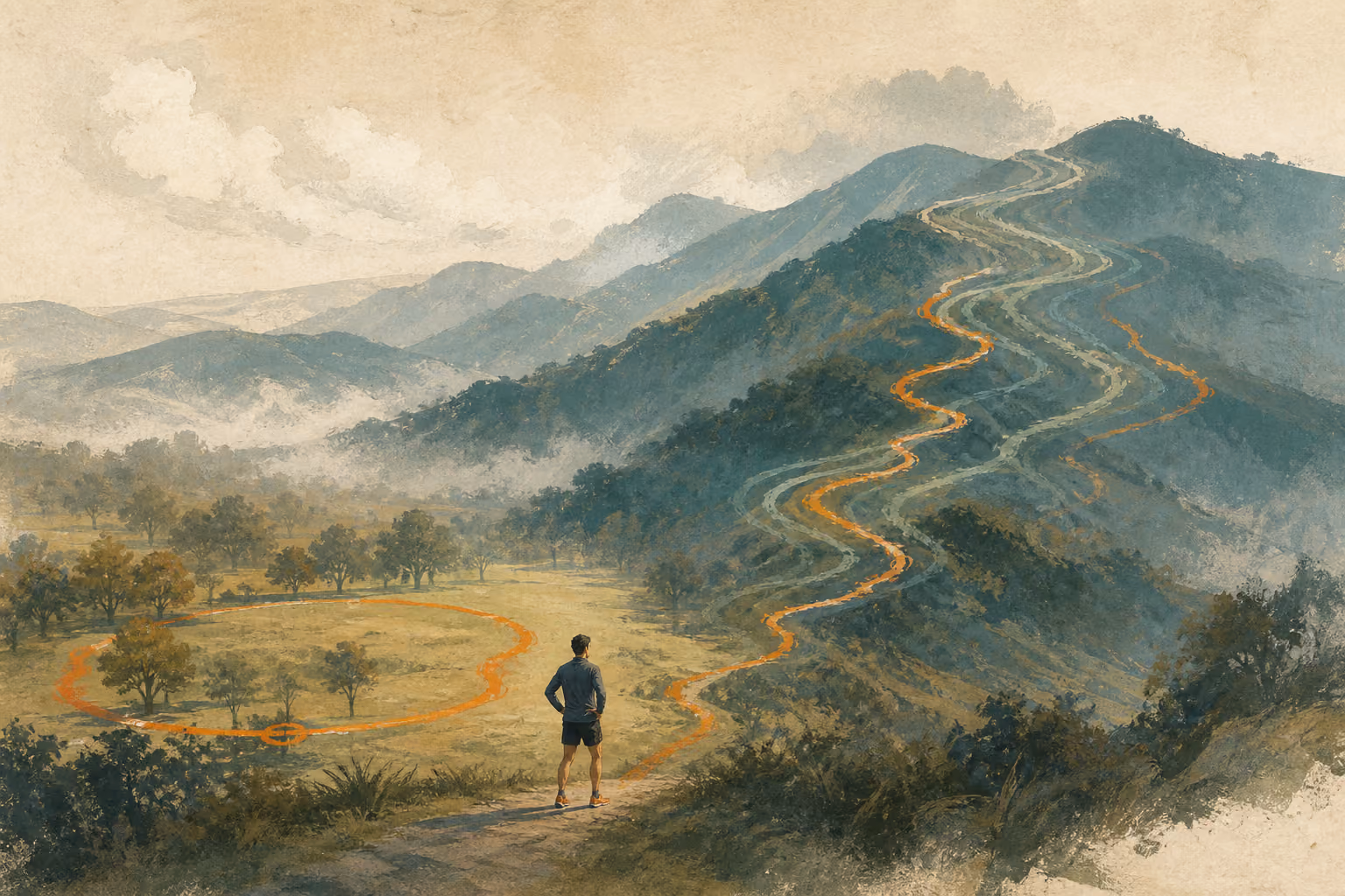A runner faces a flat loop and a steep teal trail while repeated orange route traces climb through the hills.