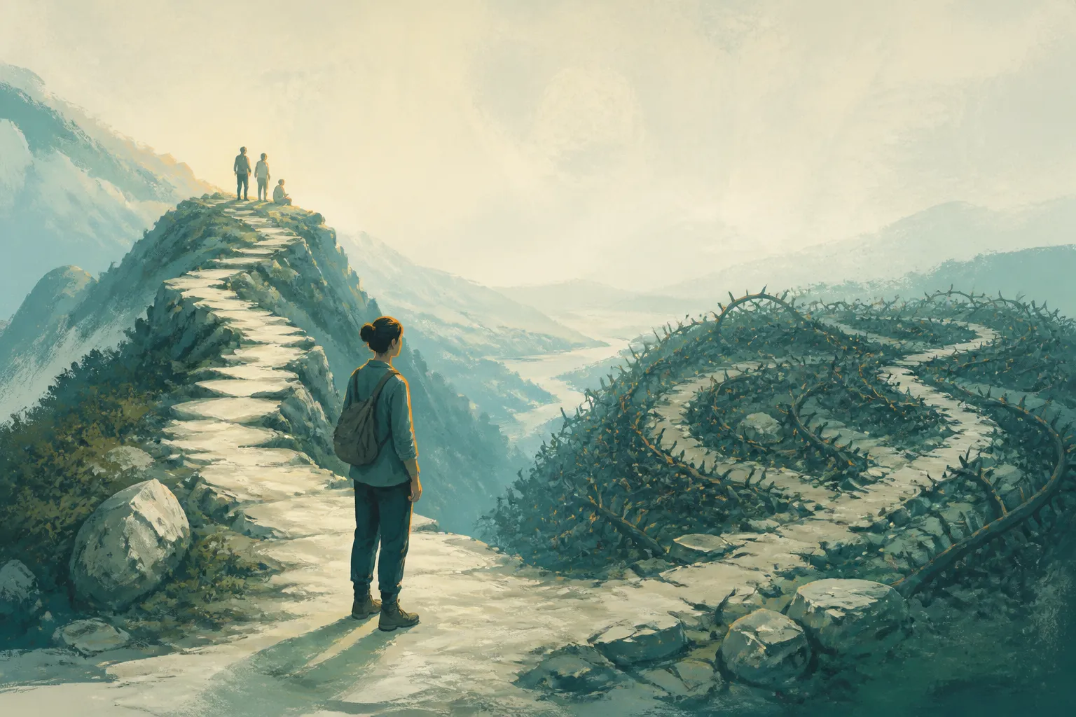 A hiker chooses between a clear mountain path and a thorn-covered path that loops back on itself.