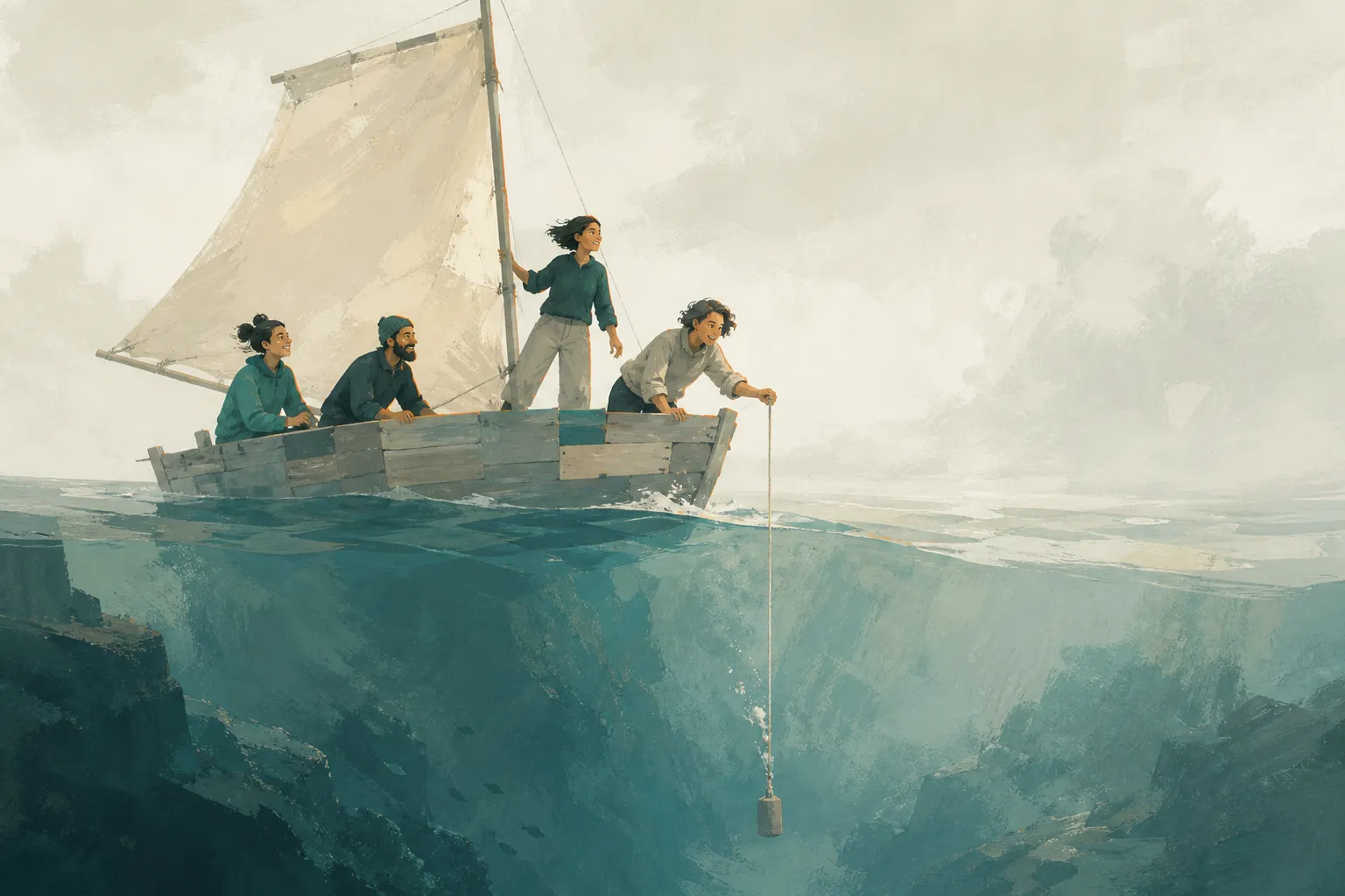 Four people sail a rough sea while a weighted line probes the unseen depth below them.