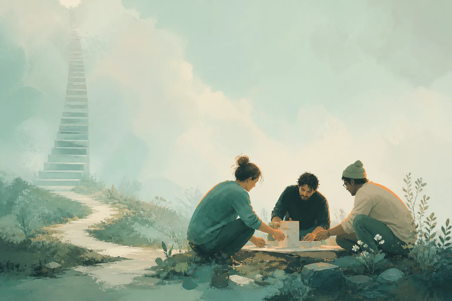 Three people build something together beside a path and a distant staircase rising into cloud.