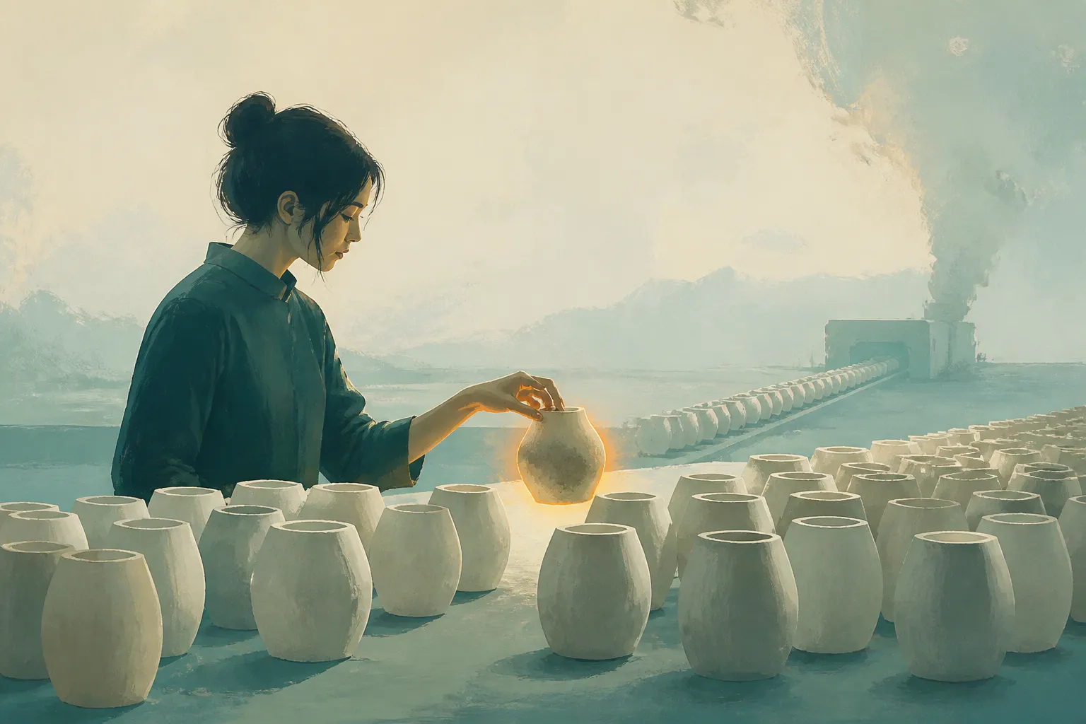 A ceramicist selects one glowing vessel from rows of similar handmade pots.