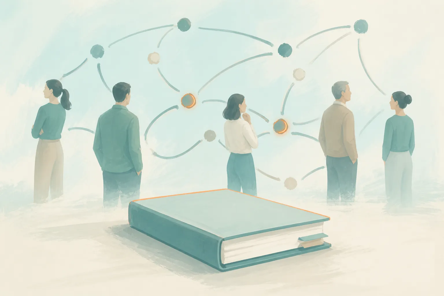 Five people study a network of connected decisions behind a closed document in the foreground.