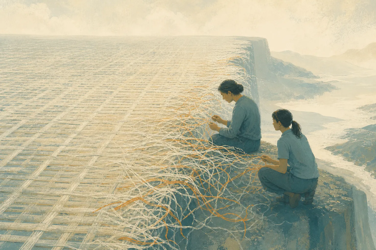 Two people weave loose threads at the edge of a vast ordered tapestry.