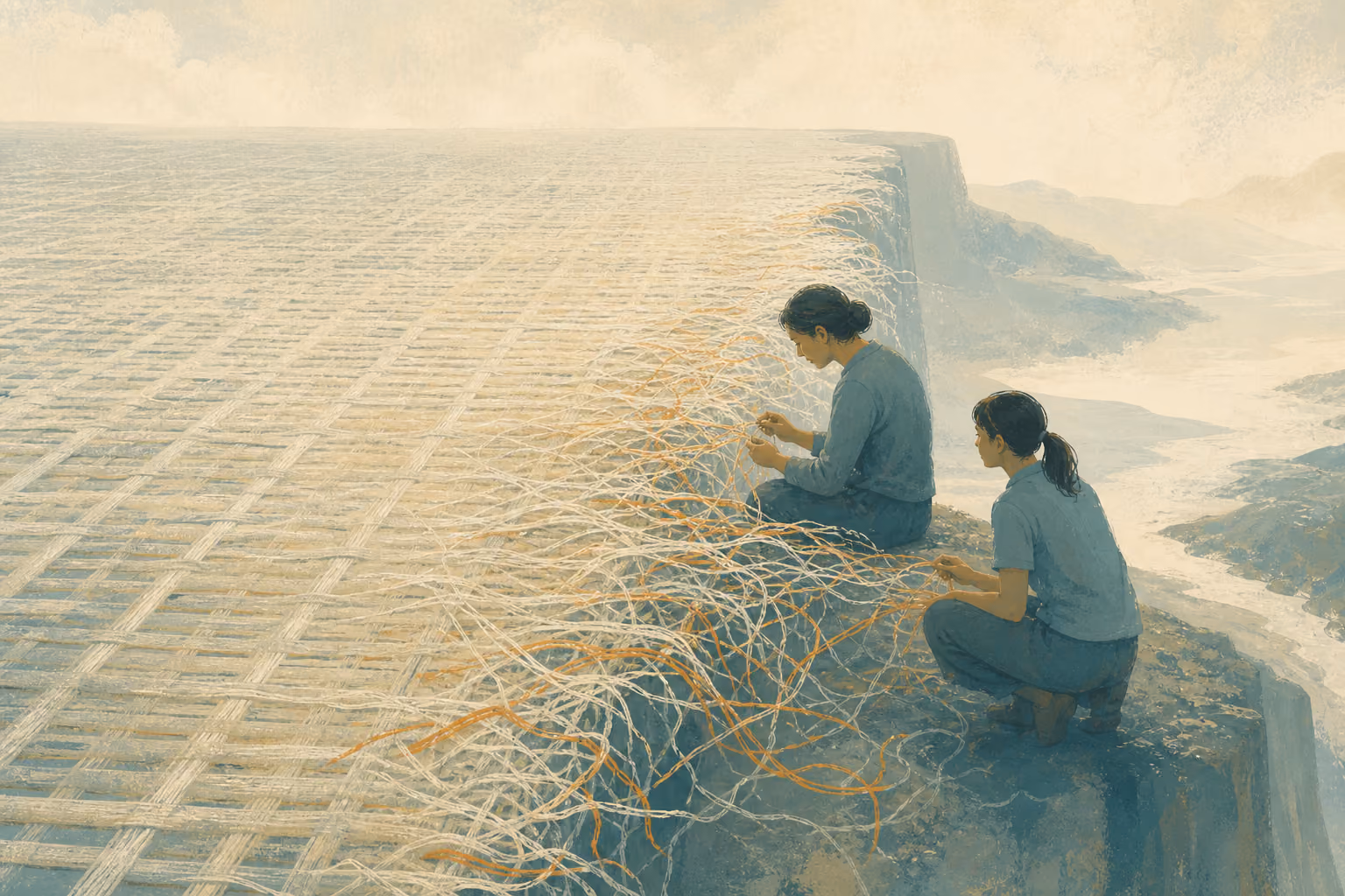 Two people weave loose threads at the edge of a vast ordered tapestry.