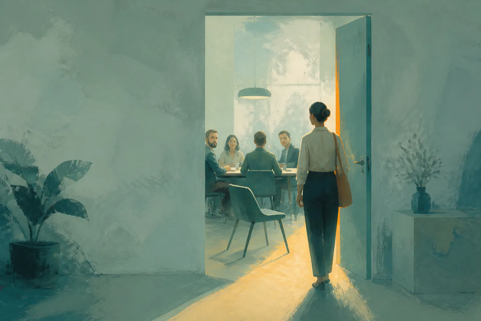 A person pauses in a bright doorway before entering a meeting where four people are waiting.