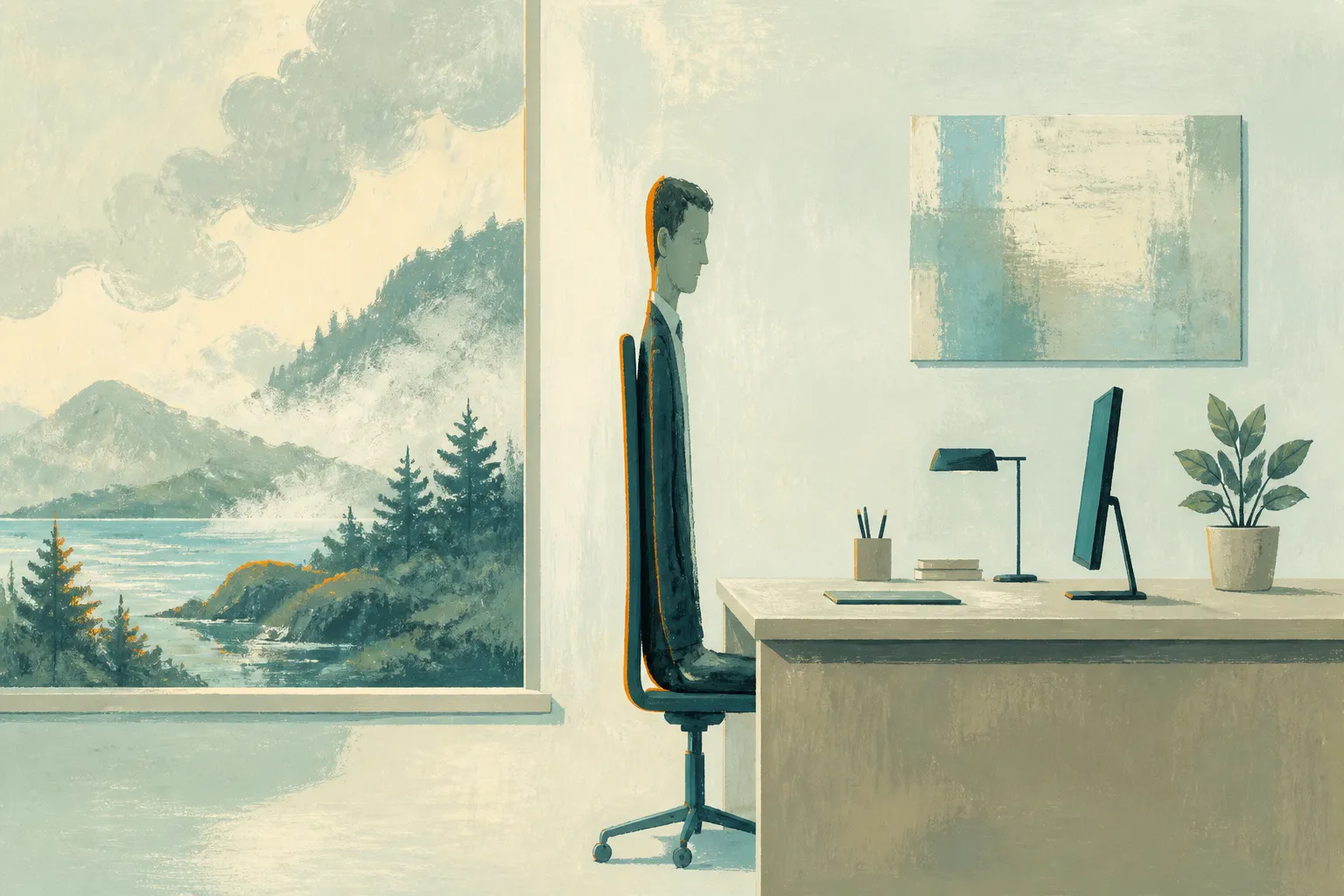 A person sits compressed into a narrow office chair beside an open view of mountains and water.