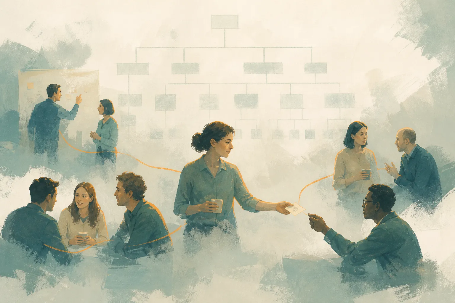 Informal conversations and hand-offs form an orange network beneath a faded formal organisation chart.