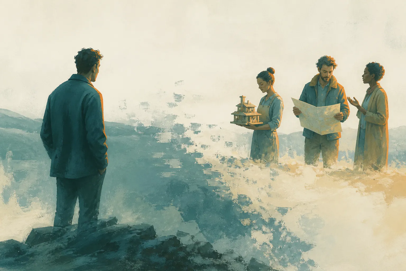 A person stands apart while three others interpret a map and carry a model across a painted divide.