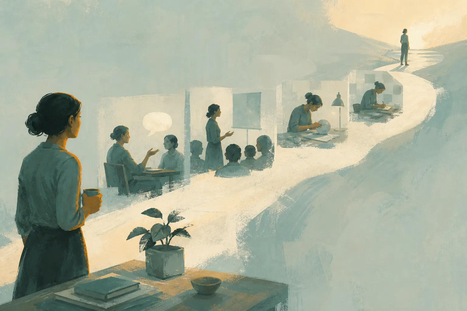 A winding path connects repeated scenes of speaking, presenting and practising towards a distant figure.