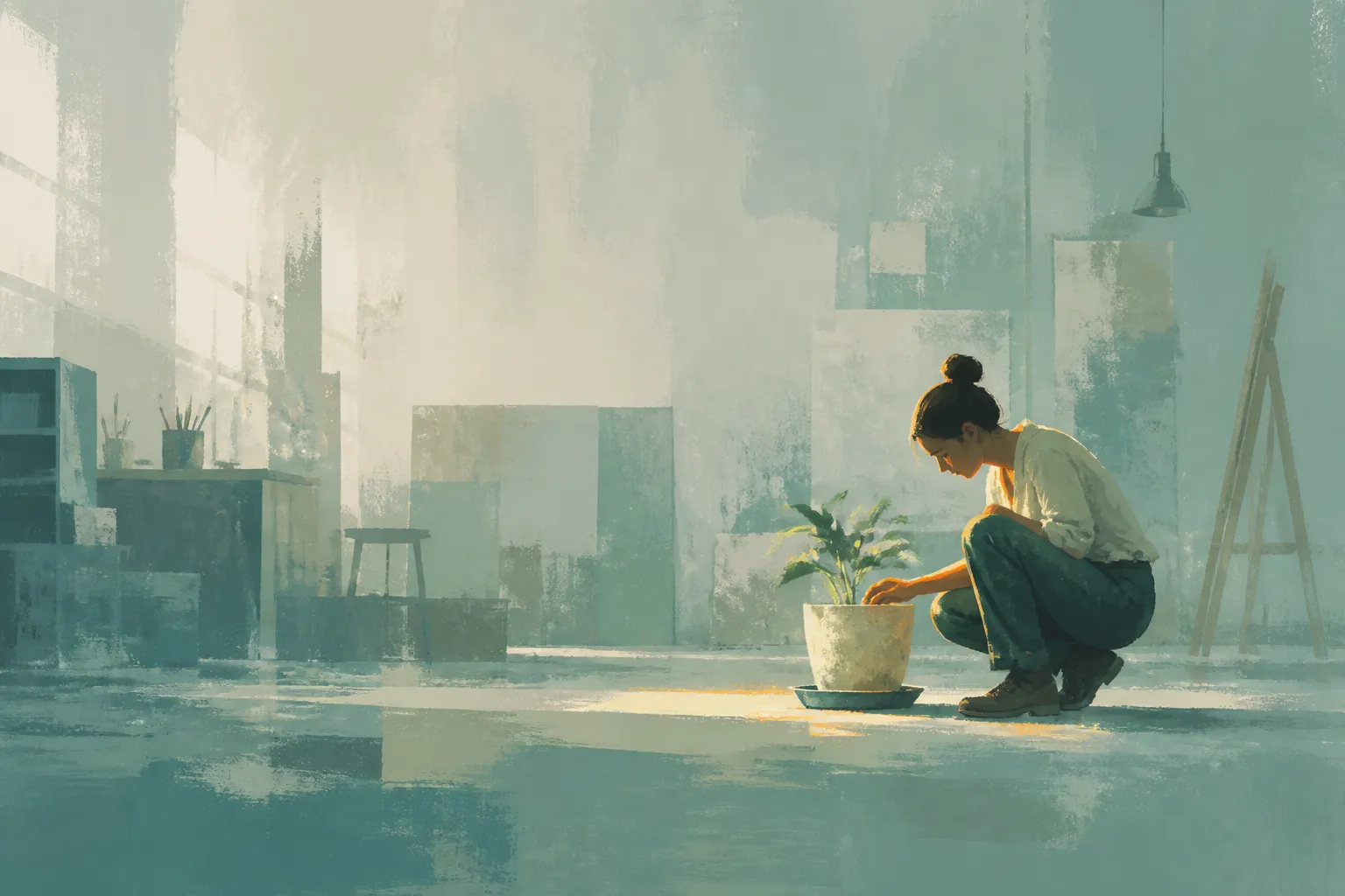 A person tends a small green plant in a mostly empty studio lit by a narrow patch of warmth.