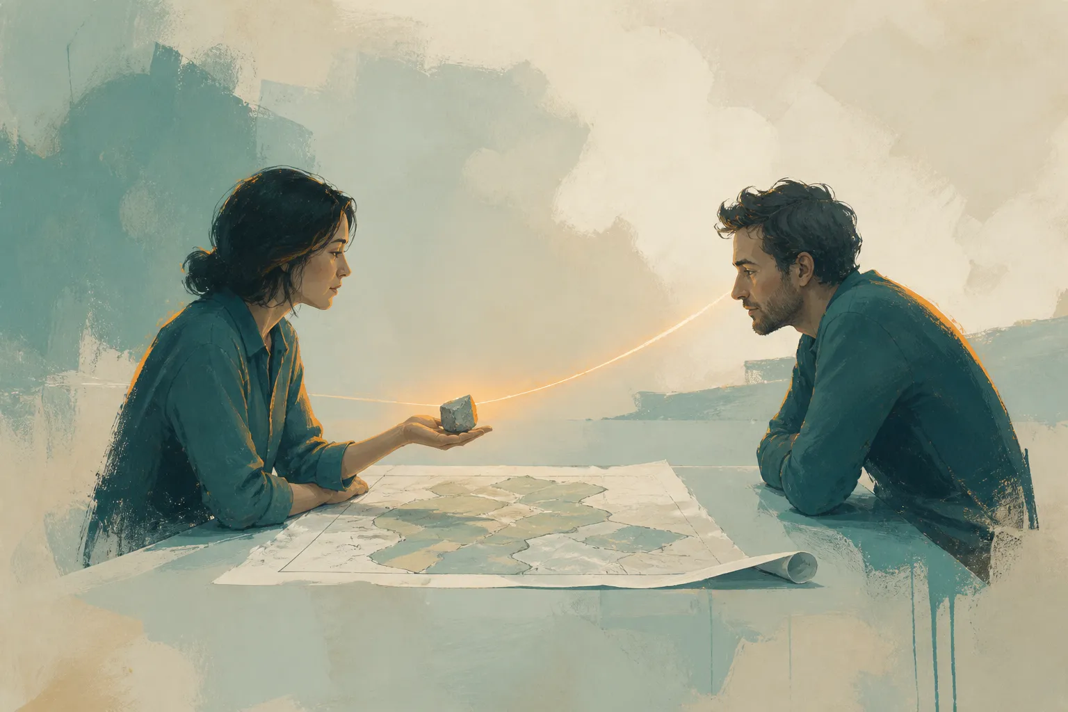 Two people lean over a patched map as one offers the other a small rough stone.