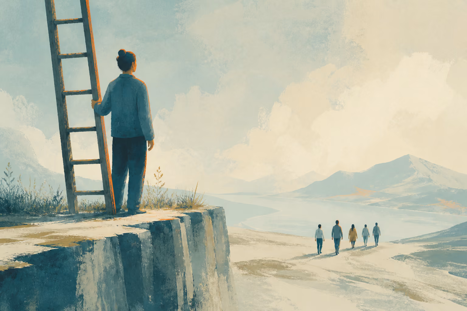 A person holds a ladder at a cliff edge while a group walks towards a different horizon below.