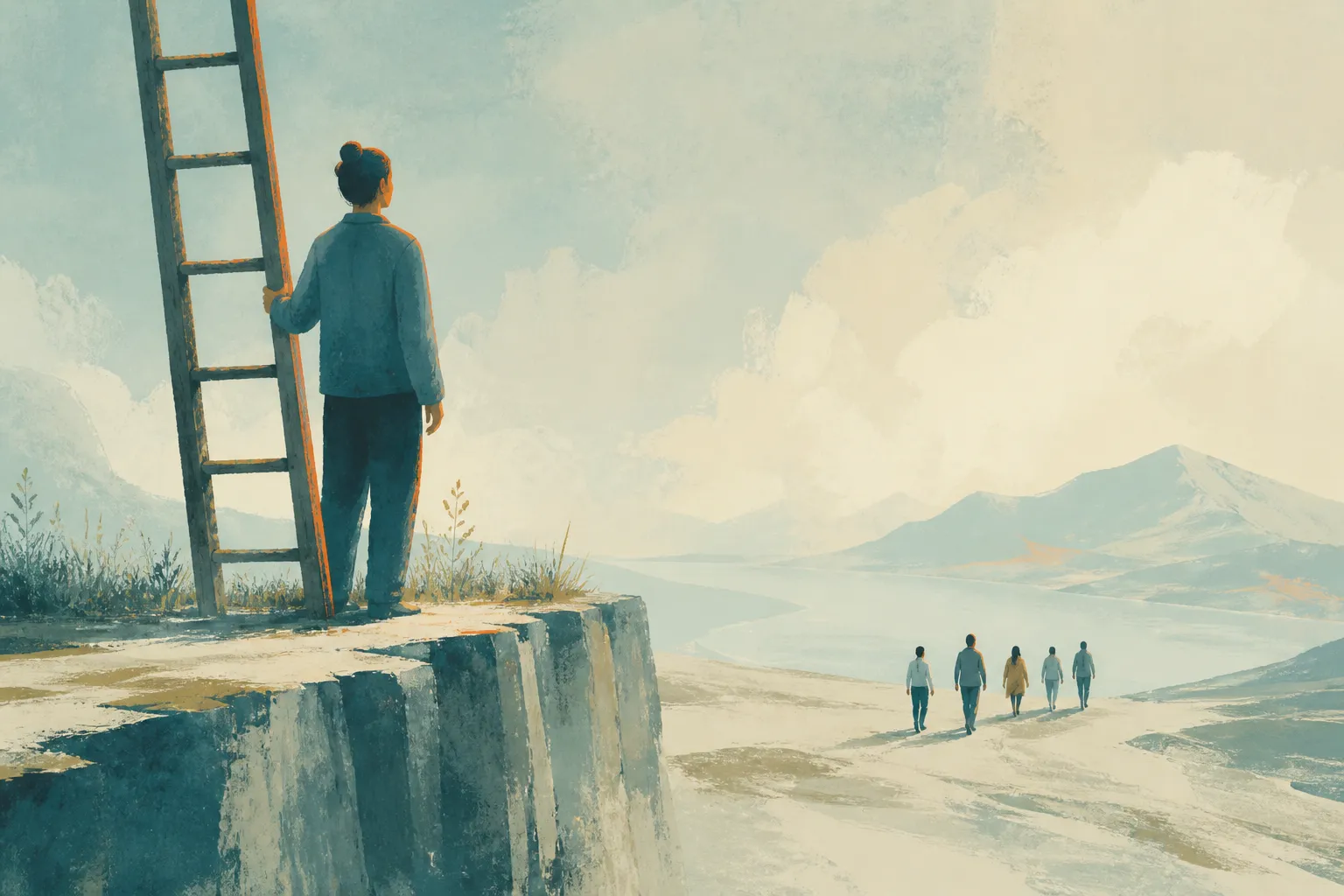 A person holds a ladder at a cliff edge while a group walks towards a different horizon below.