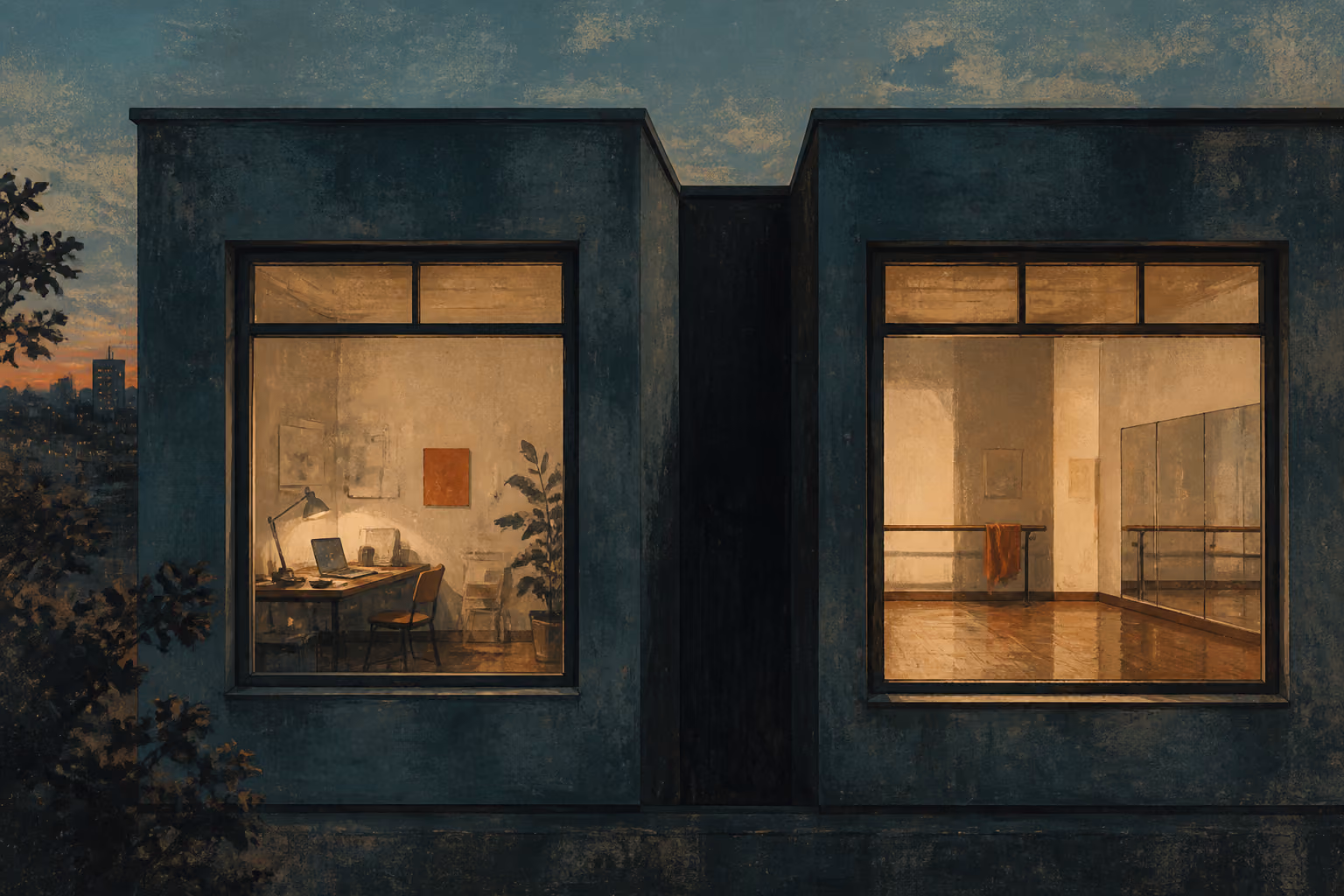 Two lit rooms seen from outside at dusk, with a dark gap between them