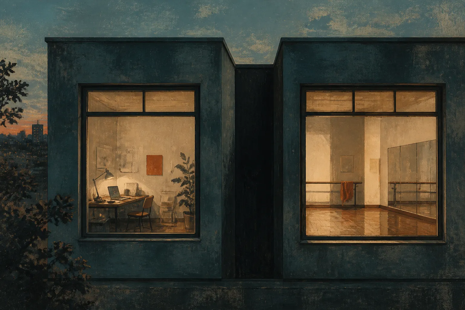 Two lit rooms seen from outside at dusk, with a dark gap between them