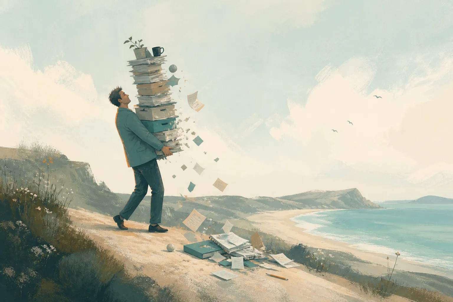A person struggles along a coastal path carrying an unstable tower of papers, boxes and books.