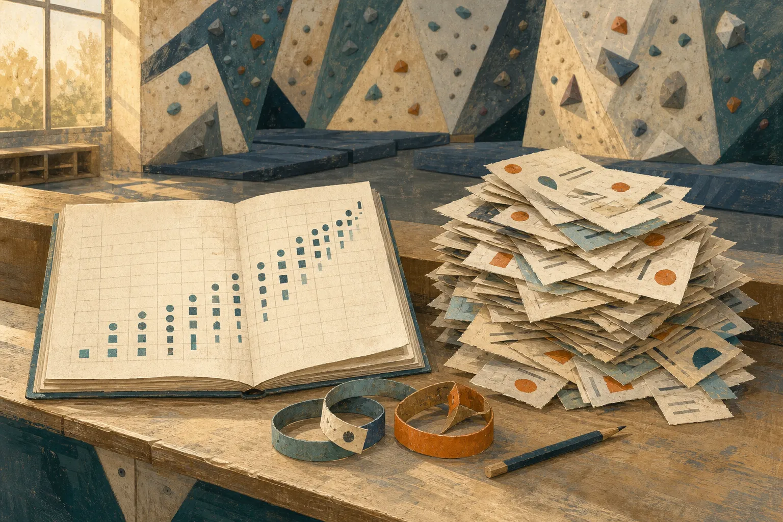 A climbing gym booking report sits beside a stack of cancellation notes at the front desk.