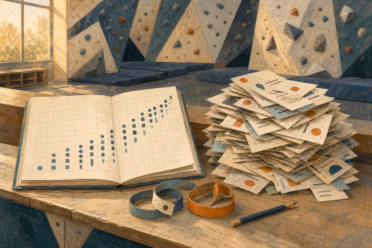 A climbing gym booking report sits beside a stack of cancellation notes at the front desk.