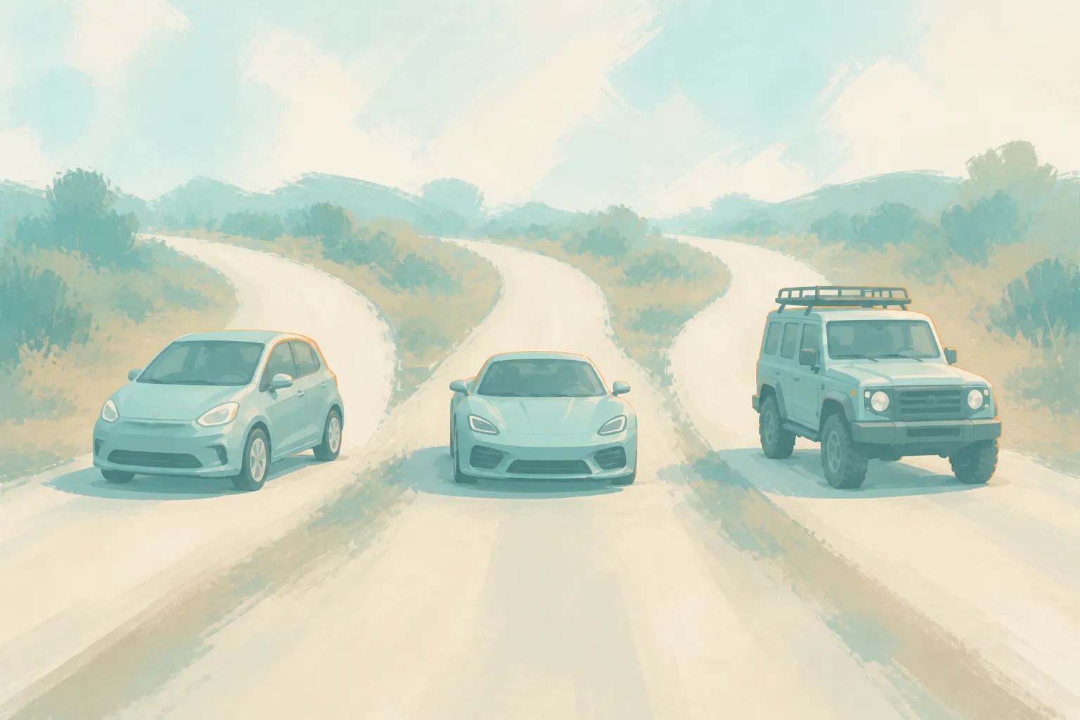 Three different vehicles wait at the start of three roads leading through the same landscape.