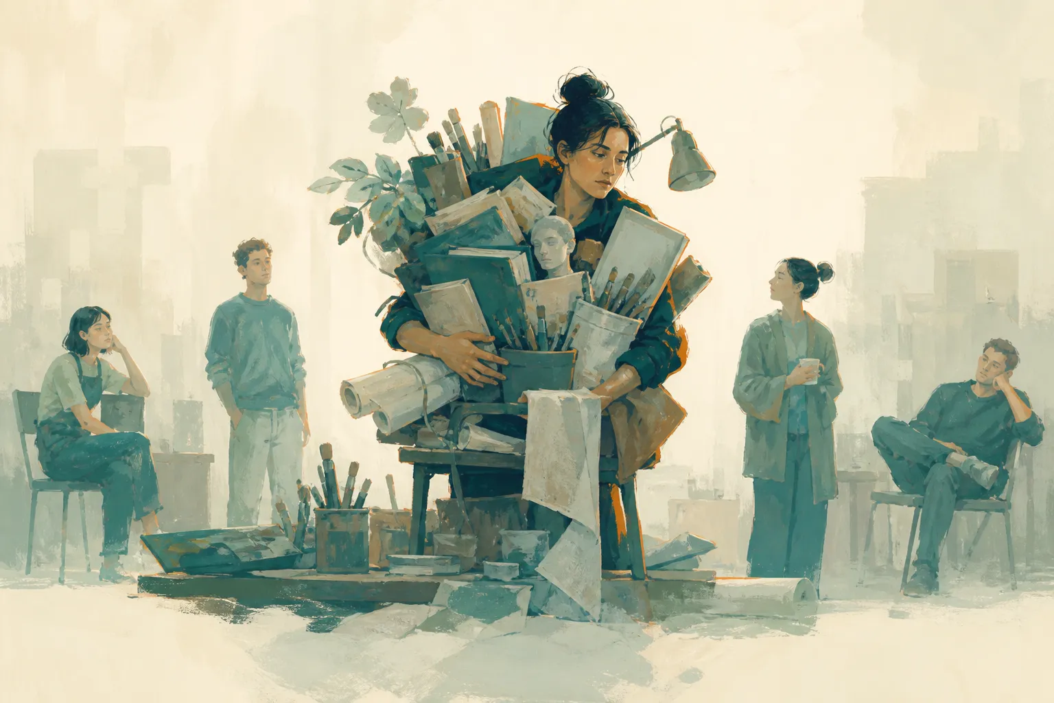 One person is buried under art supplies and other people's work while four colleagues watch.