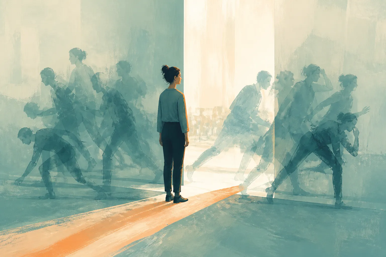 A still person stands between translucent figures rehearsing movement on both sides.