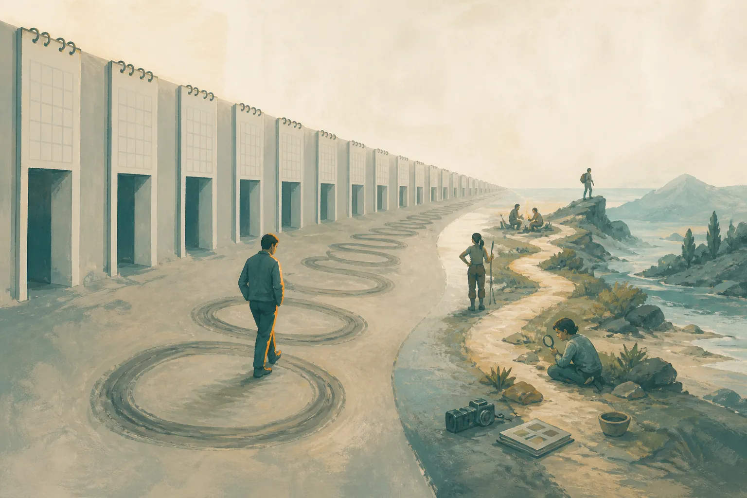One person walks through repeated calendar doorways while others gather evidence along a winding path.