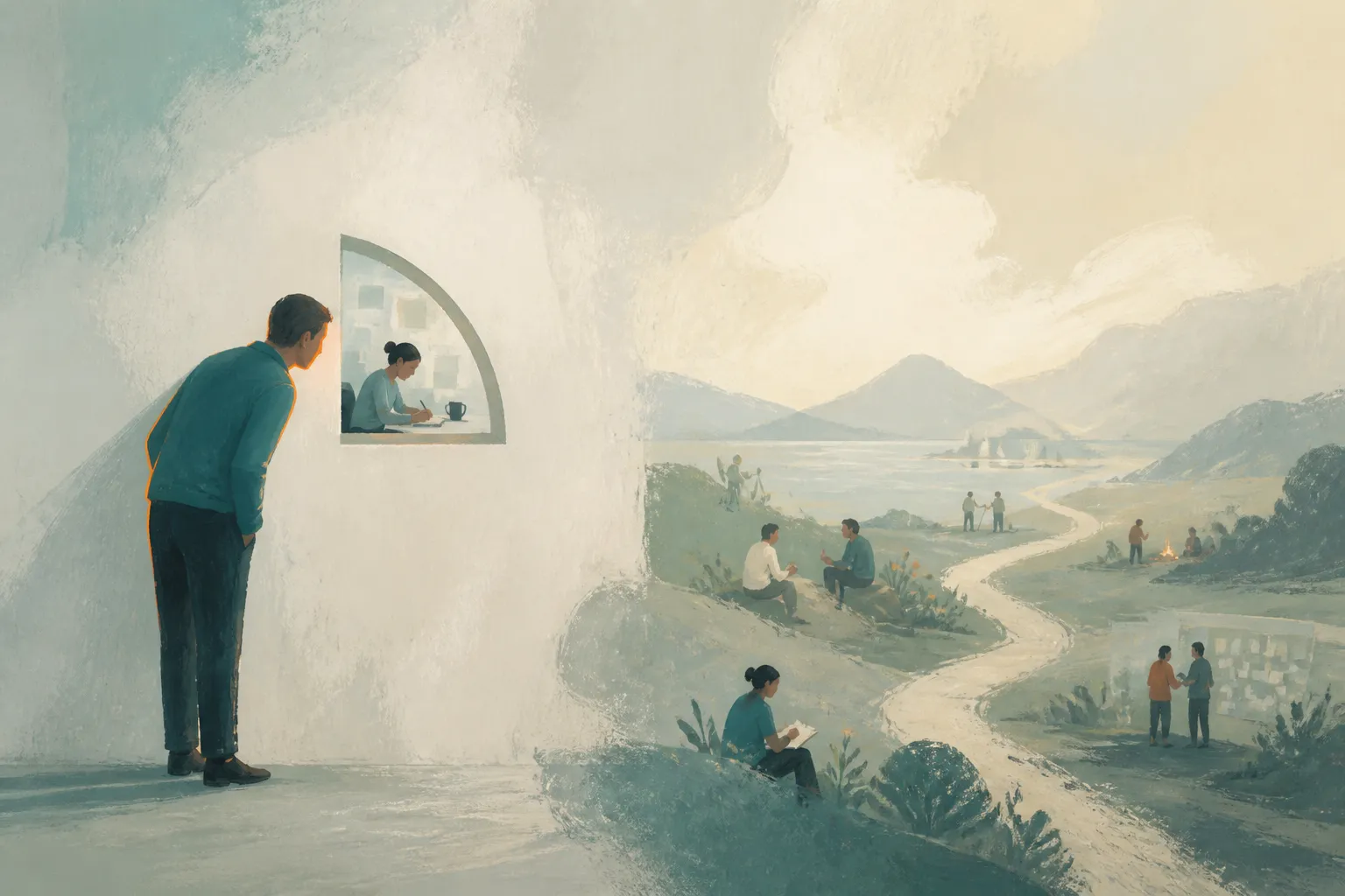 A manager peers through a small window at one working moment while a much larger landscape of work unfolds unseen.